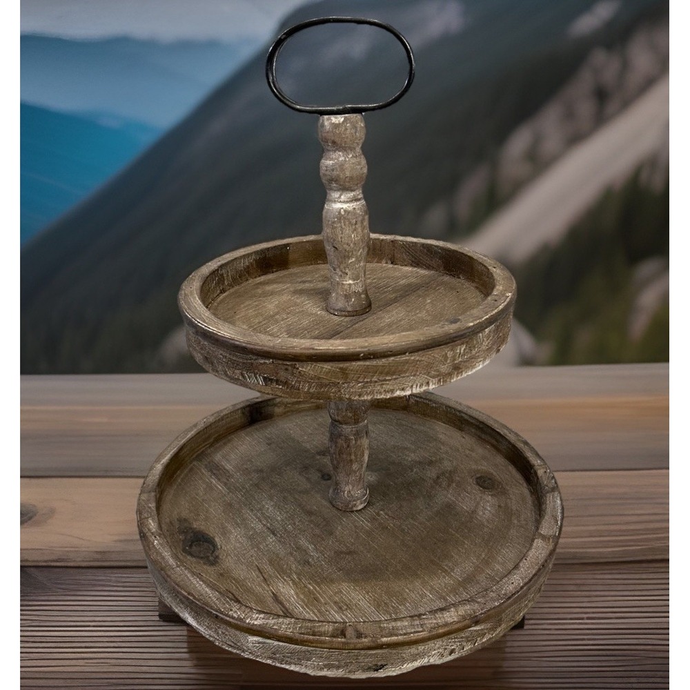 Wood 2 Tier Tray Stand Round Farmhouse Rustic Metal‎ Handle 18in x 15in